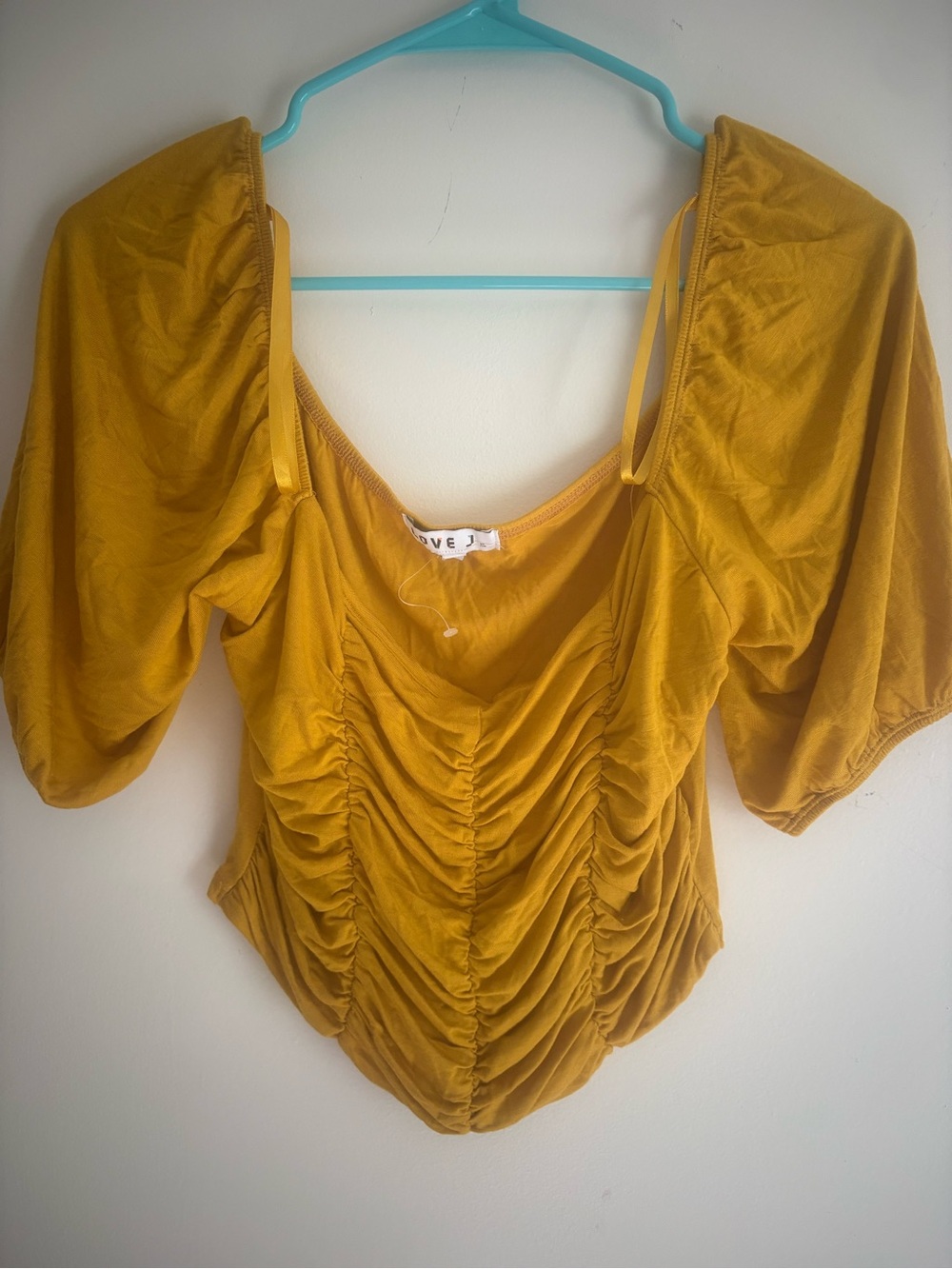 Love J Mustard Ruched Puff-Sleeve Top